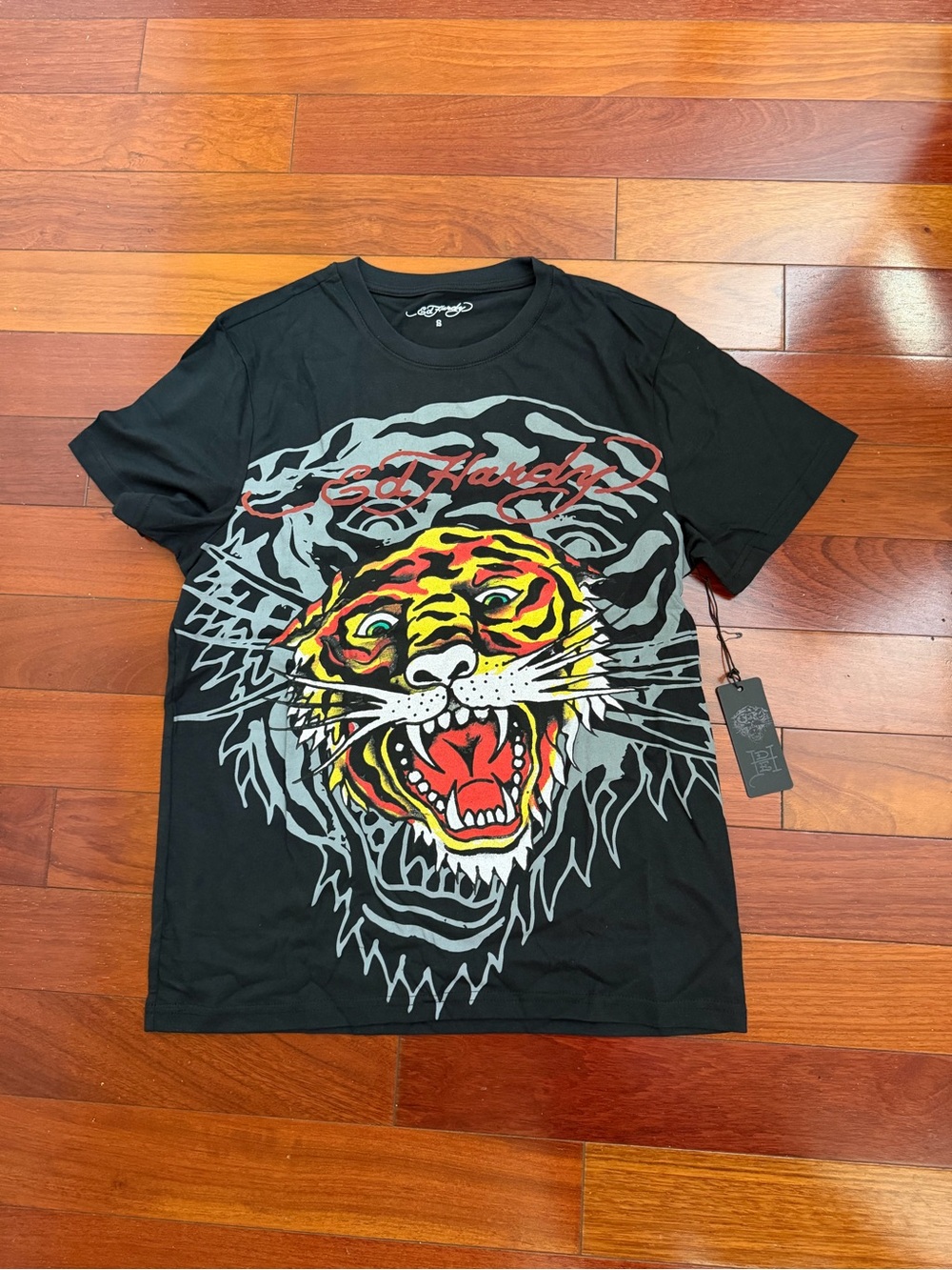 Ed Hardy Black Tee with Multicolor Roaring Tiger Graphic